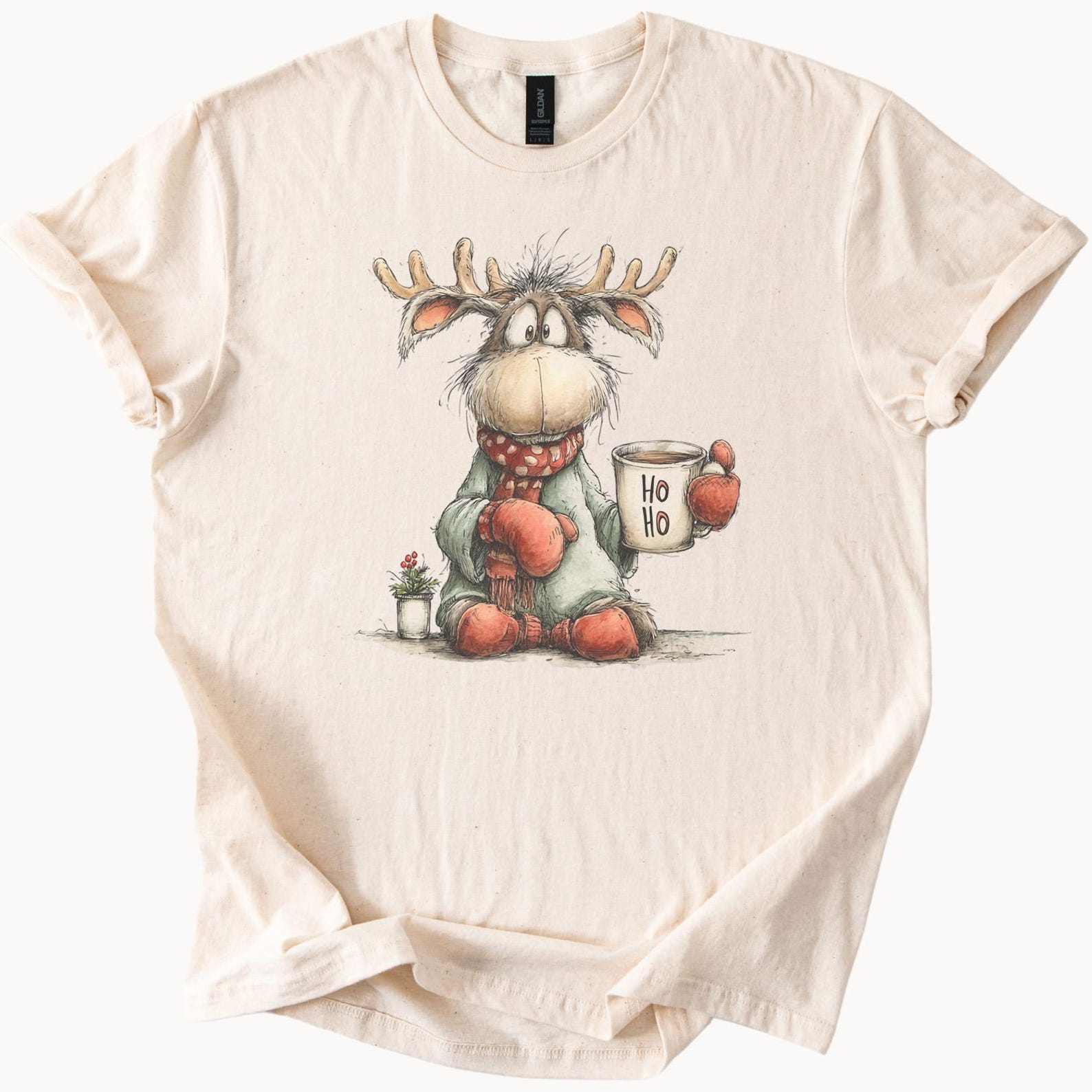 Cute Christmas Moose Coffee Lover T Shirt Cartoon Animal Holiday Graphic Shirt Cozy Winter Gift Tee 160