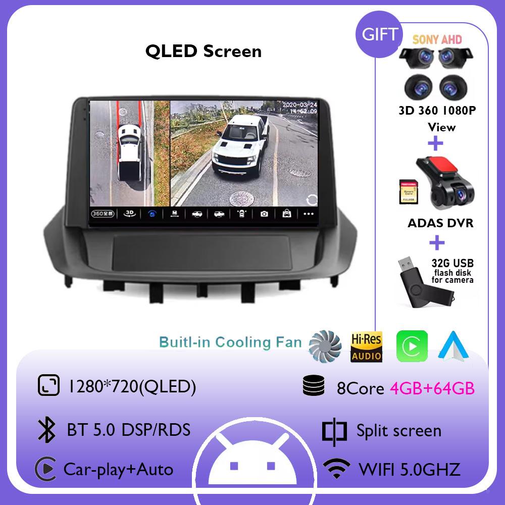 9" For Renault Fluence 1 2009 - 2017 Android 14 Carplay Car Radio Navigation Multimedia GPS Player Stereo WiFi+4G BT 360 Camera