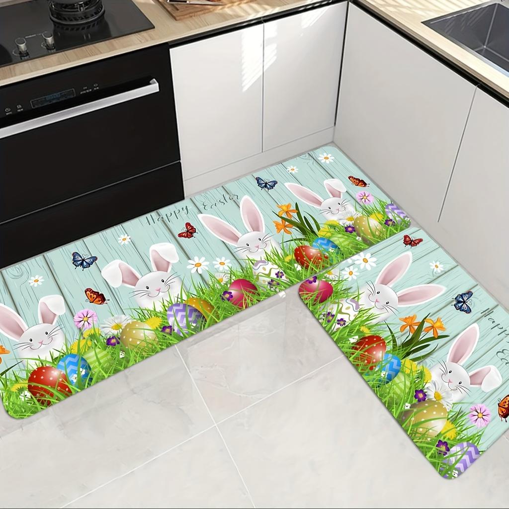 1Pcs Easter Themed Kitchen Mat Soft  Cute Bunny Egg And Wood Grain Print Kitchen Floor Mat Waterproof Non-slip Oil-proof Floor Mat Runner Rug