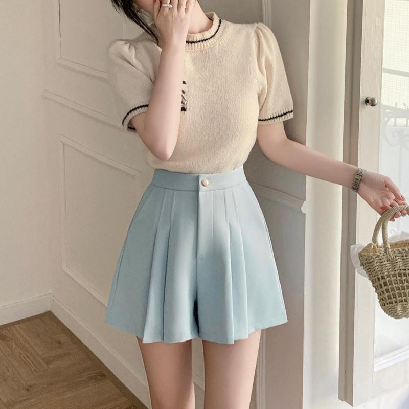 High Waist Pleated Pants Irregular  Women A-line Short Simple and Versatile