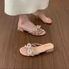 Fashion Pearl Bow Open-toe Slippers for Women In Summer, Beautiful Small Round-toe Rhinestone Non-slip Block Heel Sandals
