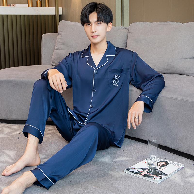 Couple pajamas, women's spring and autumn ice silk long-sleeve loose plus-size loungewear, autumn solid color set, men's 10111+N111