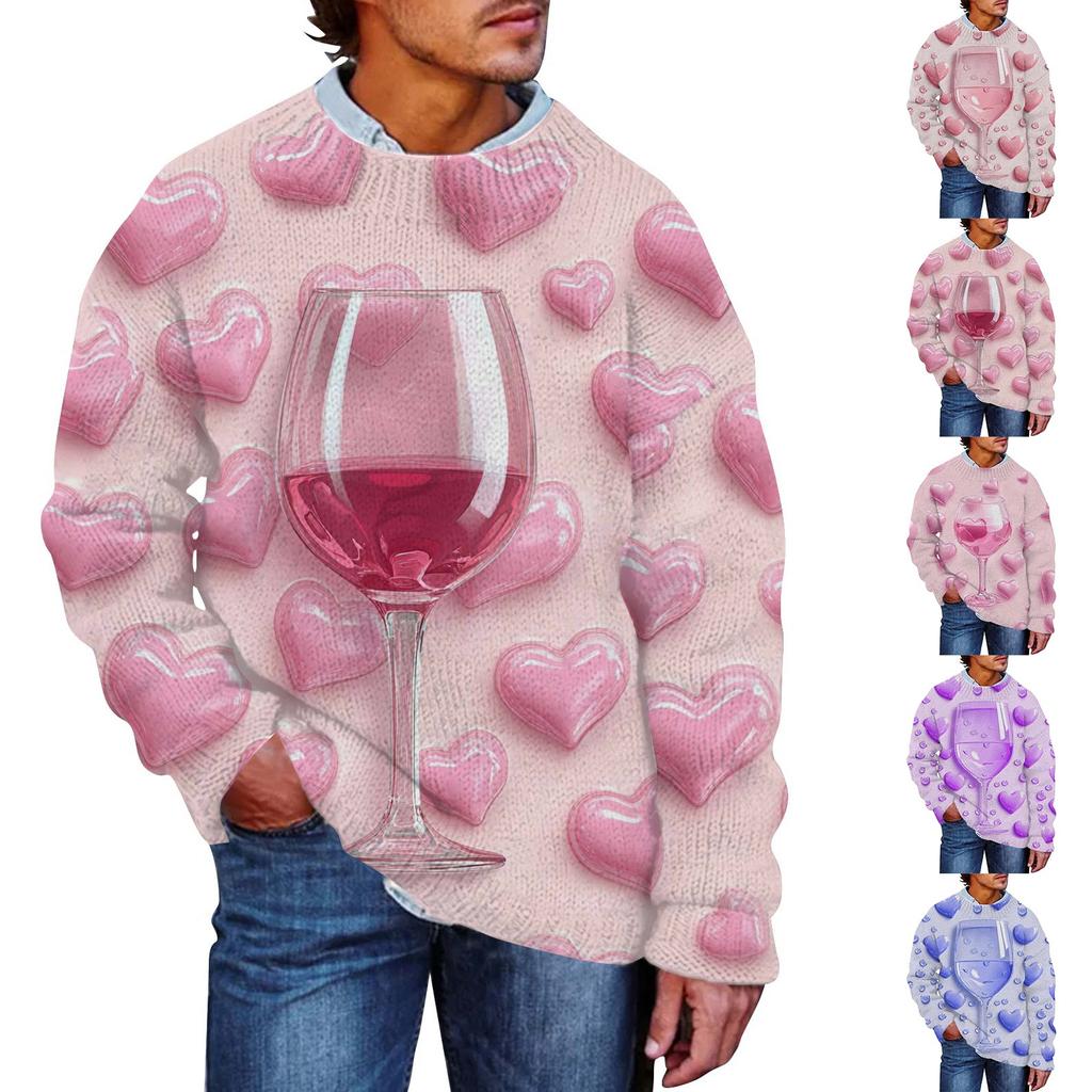 Pánský Valentýnský potisk Faux svetr, Mikina s kulatým výstřihem, Volný top s dlouhým rukávem