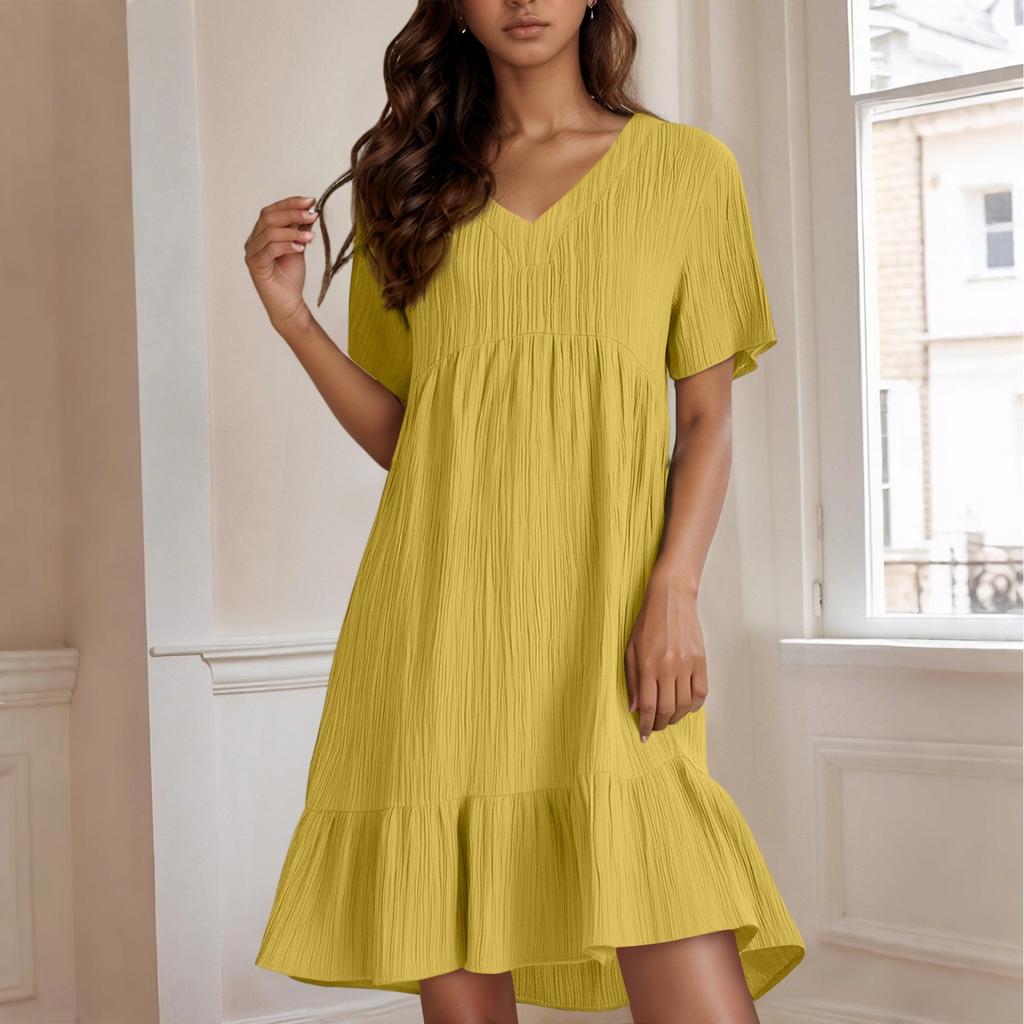Ladies' Casual And Fashionable Solid Color Dress, Loose Short Sleeved Waist Cinched Dress