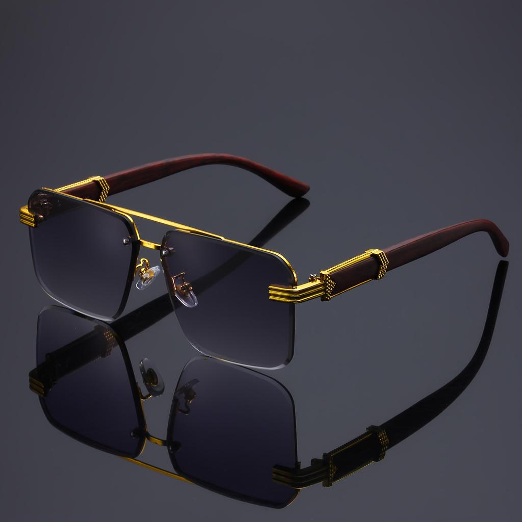 Box Sunglasses, Gu Shuangqiao Frameless Glasses, Wooden Temple Light Polycarbonate Frame, Half Frame Cut Edge Sunscreen Sunglasses