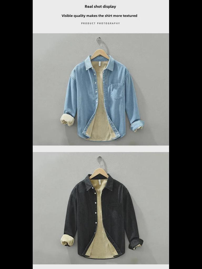 1355 Men's Plush Thick Warm Long-Sleeved Japanese Style Denim Coat Shirt