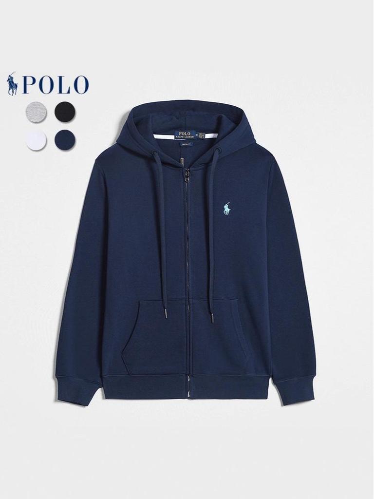 Men's Embroidered Polo Horse Zipper Hoodie - Spring/Autumn Solid Color Plus Size Cardigan