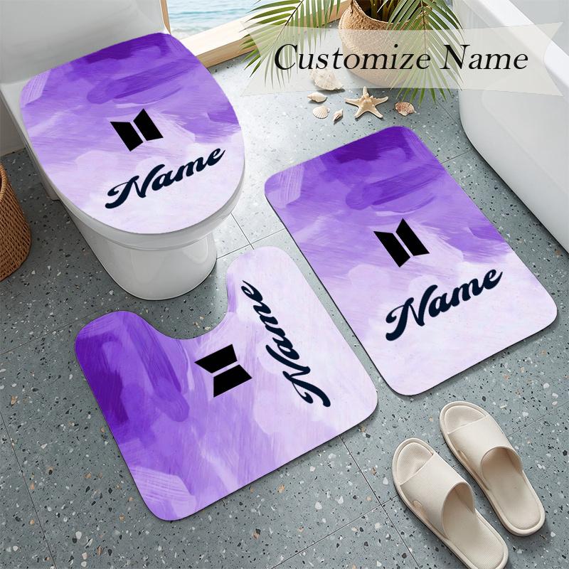BTS (32) Custom name Flannel Toilet 3 Piece Set Soft Bathroom Rug Toilet Seat Cover for Bathroom Home Decor