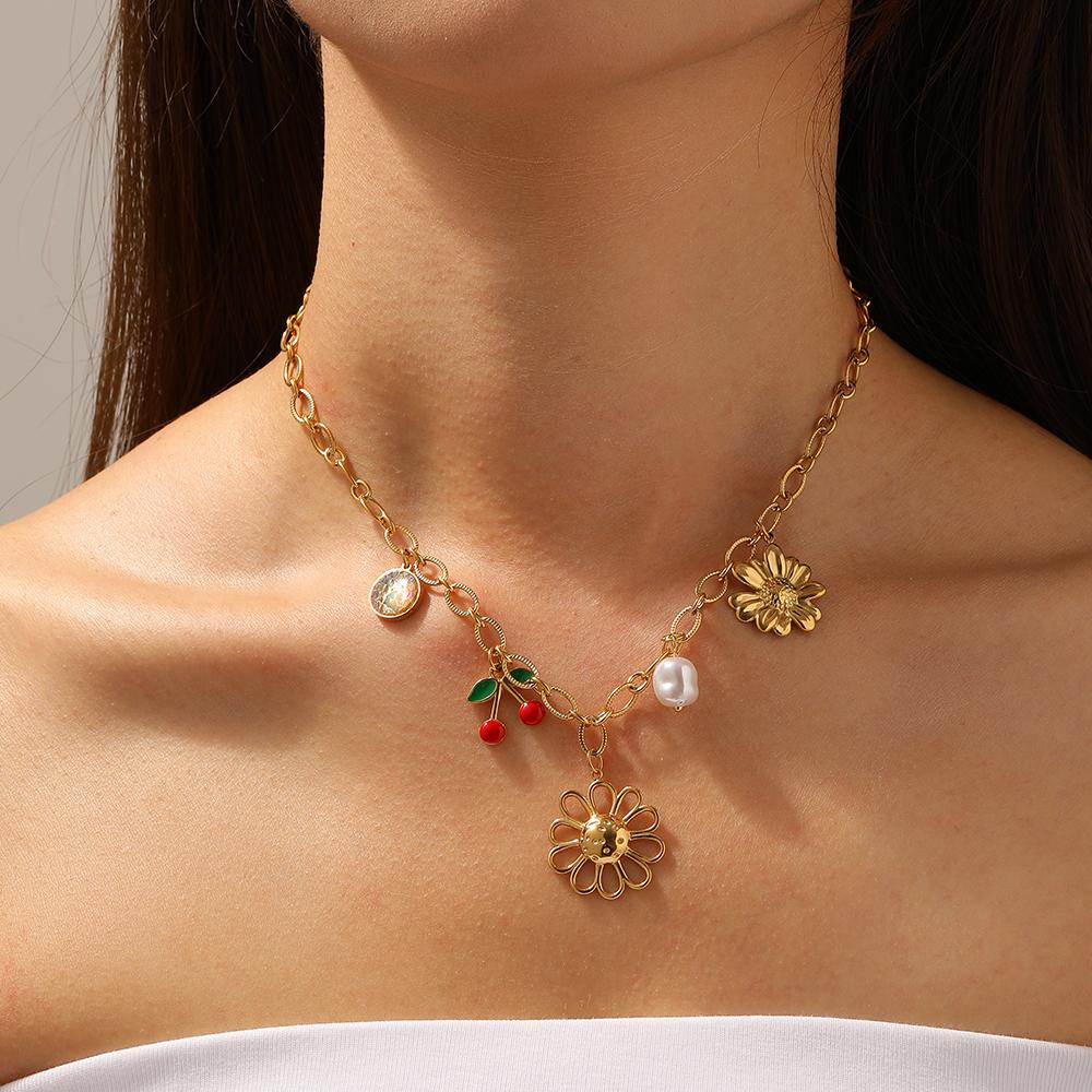DIEYURO 316L Stainless Steel Golden Hollow Flower Cherry Pearl Pendant Necklace Women New Fashion Neck Chain Jewelry Glamorous