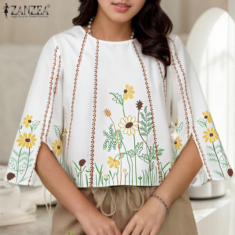 ZANZEA Blusa holgada casual para mujer con estampado floral, cuello redondo, abertura y manga 3/4