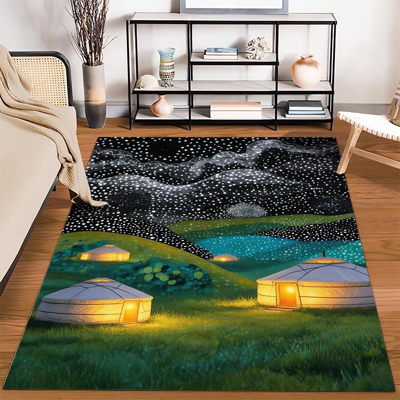 Illuminated Yurts Under Starry Night Sky Pattern Carpet Rug Suitable for Use As an Anti-slip for Living Room Bedroom Sofas