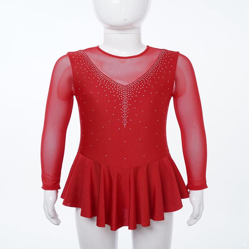 Abito da pattinaggio elegante per bambina, a maniche lunghe, con strass scintillanti, per ginnastica da ballo