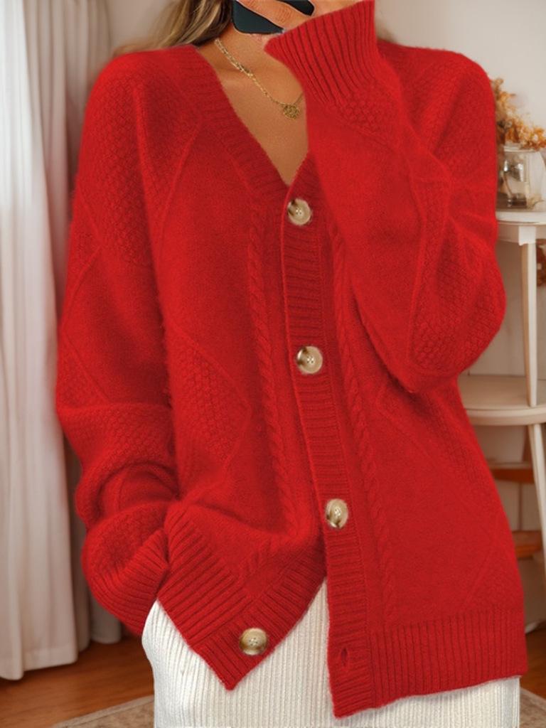 2024 Autumn/Winter Women's V-Neck Long-Sleeve Button-Down Jacquard Cardigan Sweater