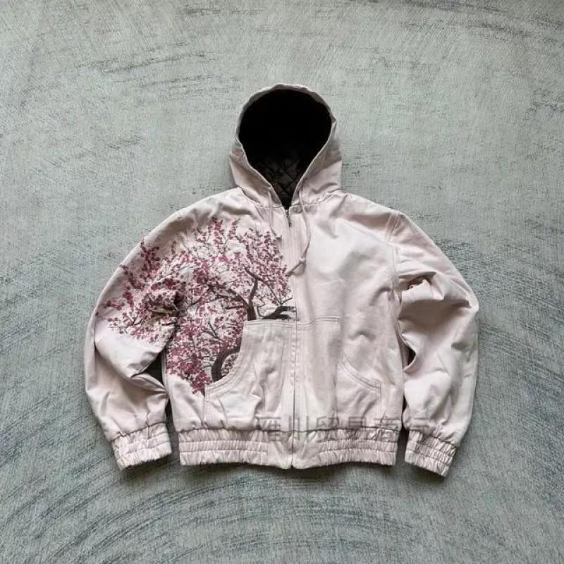 Y2K Streetwear Hooded Zip-Up Sweatshirt Women Pink Loose Fit Cotton Oversized Long Sleeve