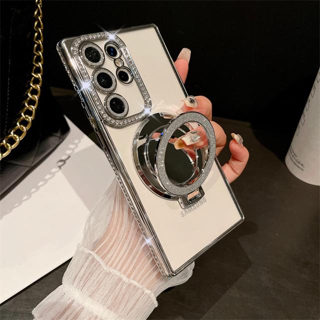 For Samsung Galaxy S24 Ultra Luxury Plating Diamond Frame Flash Mirror Stand Holder Phone Case For Samsung S22 S23 S25Plus Cover