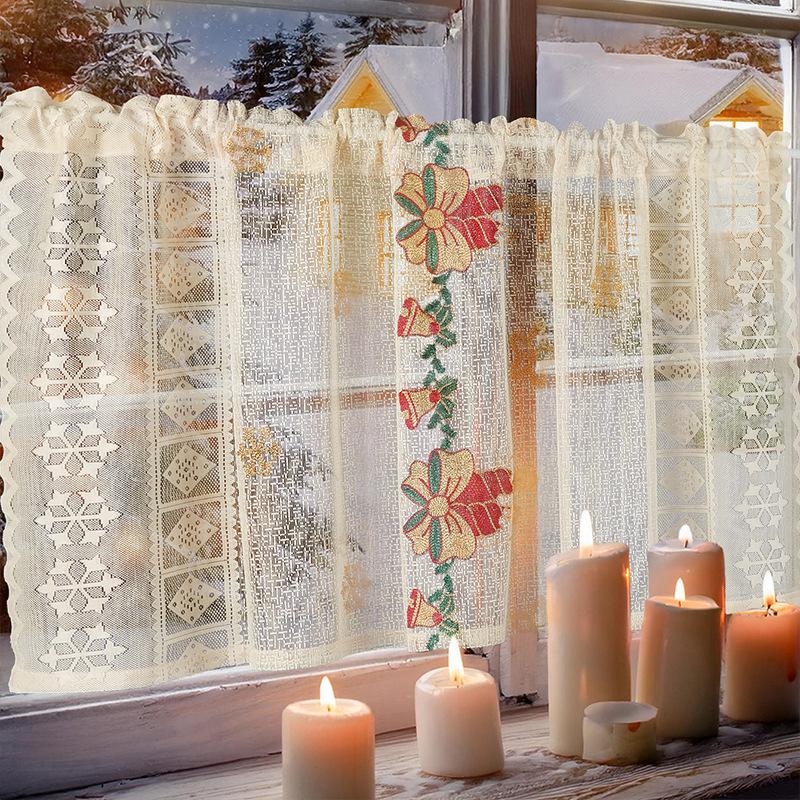 Embroidered Christmas Curtains Bells Embroidered Lace Blackout Rectangles Decorative Coffee Curtains