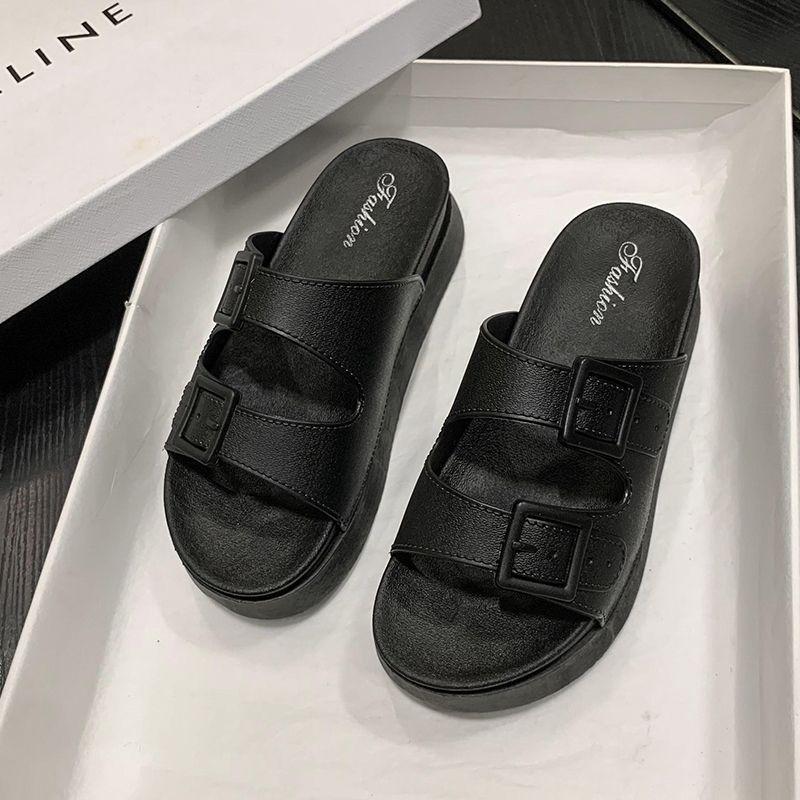 Indoor non-slip one-word drag muffin bottom Internet celebrity slippers 2025 summer Korean version heightening casual beach shoes women's outer wear