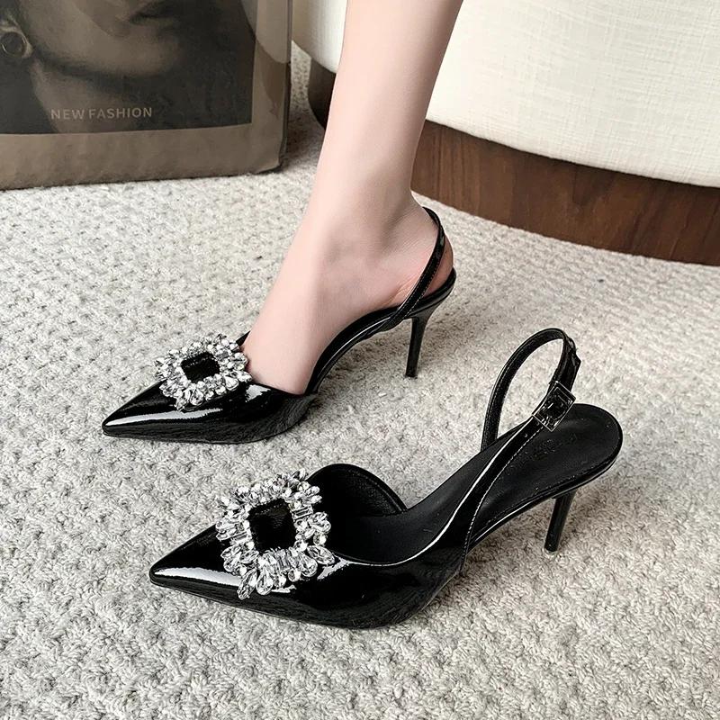 Fashion 2025 Summer New Luxury Shiny Rhinrhinese Embellished Pointy Comfortable Non-slip Stiletto Heels for Women