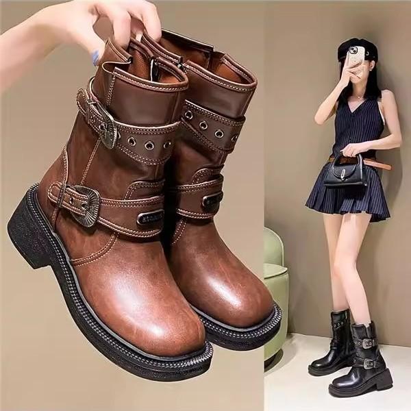 Knight boots women's autumn and winter new square head thick-soled belt buckle side zipper thick heel versatile boots