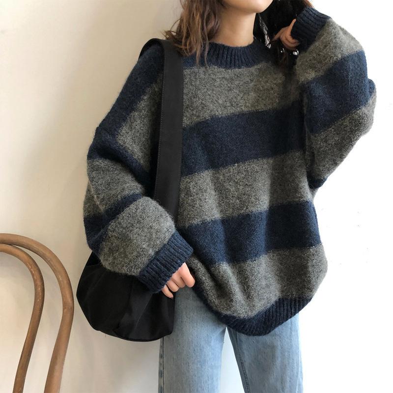 Color-blocking Striped Knitted Sweater for Women Loose and Casual Sweater Long-sleeved Trendy Pullover for Women Autumn and Winter