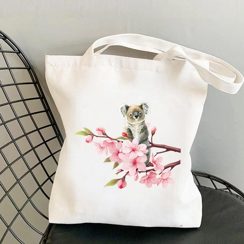 Cherry Blossoms Animal Koala Printed Shoulder Bag Student Large Capacity Canvas Eco-Friendly Bag