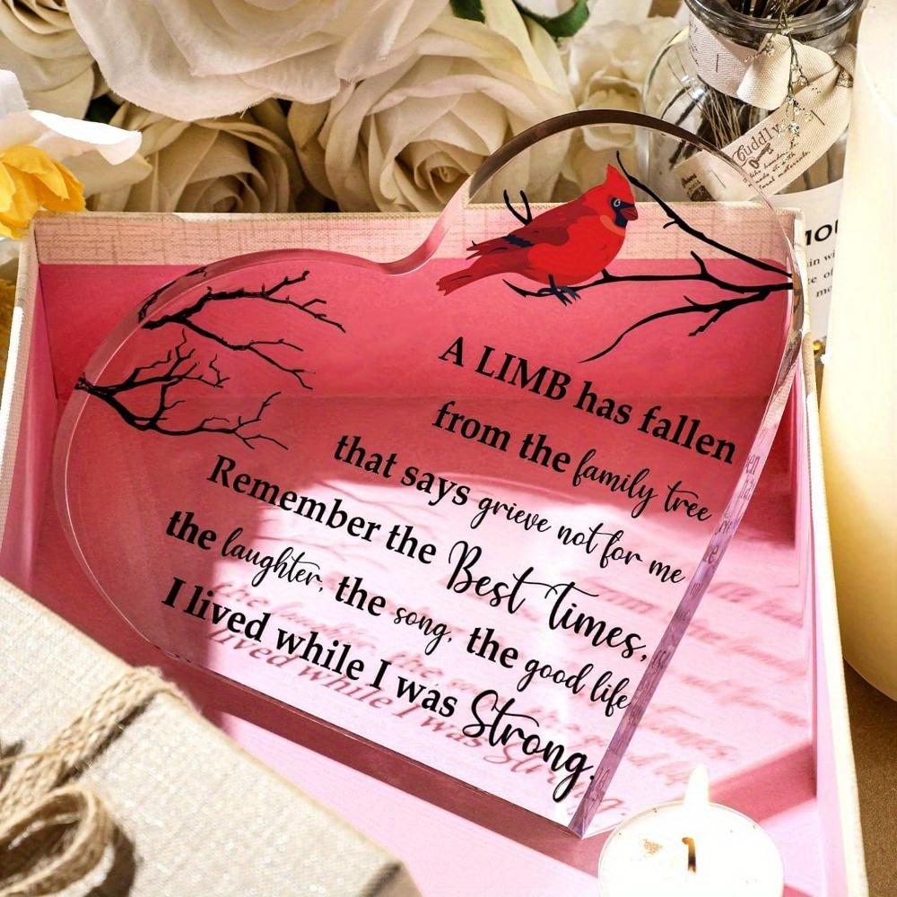 Red Cardinal Memorial Heart. Acrylic Condolence Gift & Table Centerpiece for Loss of a Loved One.