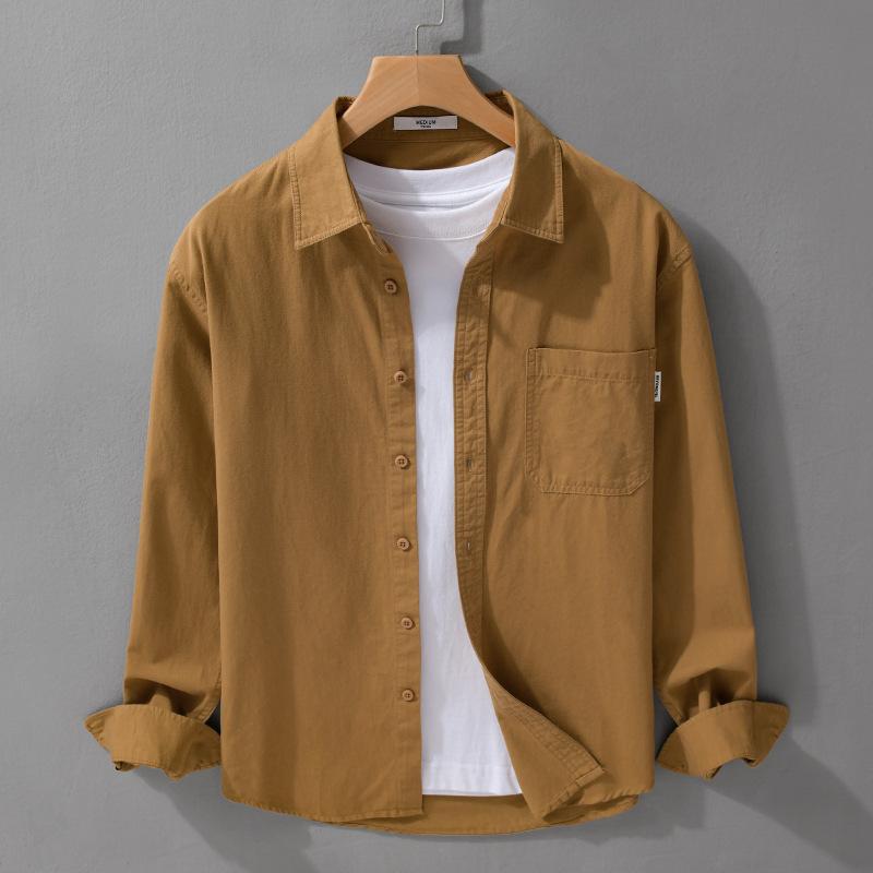 Koszule z długim rękawem na wiosnę i lato dla mężczyzn Codzienny jednolity kolor Casual Top Kołnierz z klapami 100 bawełny Guziki Koszula Prosty styl Odzież męska