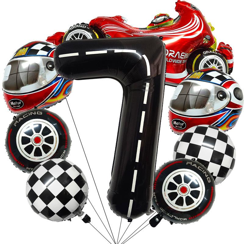 8 Pcs Racing Party Decoration 40inch Black Number Balloon Plaid Balloon Tire Balloon Striped Racing Tire Grid Digital