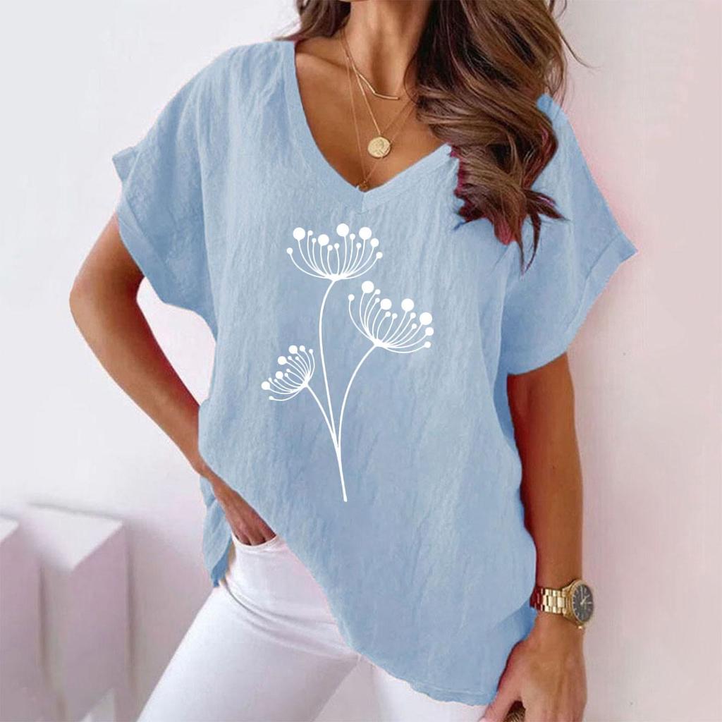Summer European and American Plant Flower Print V-neck Cotton Linen Casual T-shirt for Women