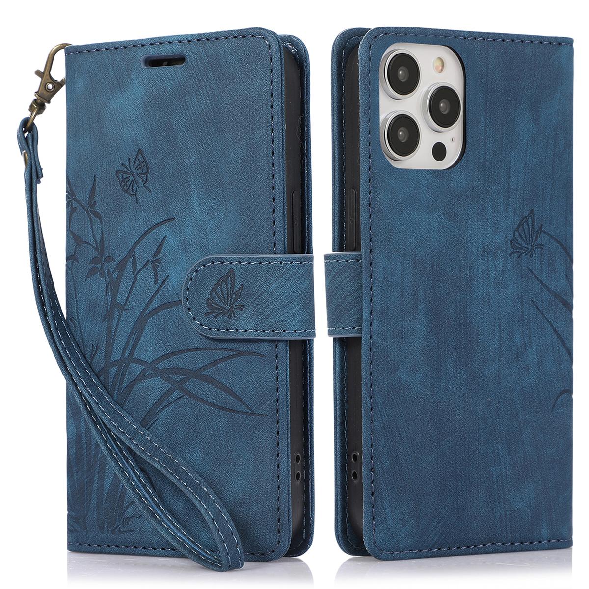 

For iPhone 15 Pro Leather Flip Cover Orchid Butterfly Wallet Case with Strap Blue