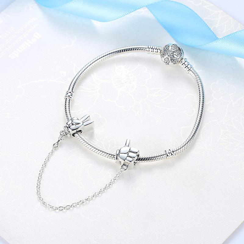 Original 100% 925 Sterling Silver Bead Charm Safety Chain Charms Crystals Beads Fit Bracelets Women Fashion DIY Jewelry