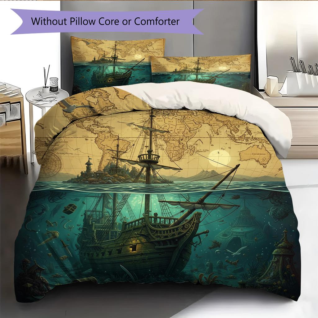 Map Ocean Architecture Pattern Bedding Quilt Set Home Decoration Gift (1 * duvet cover + 2 * pillowcase without core)