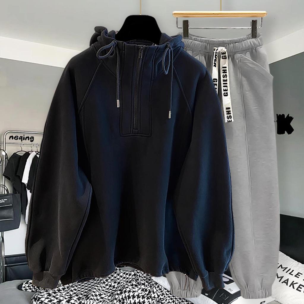 High-Quality Oversized Half-Zip Hoodie - Solid Color, Breathable Patchwork Design for Spring & Autumn