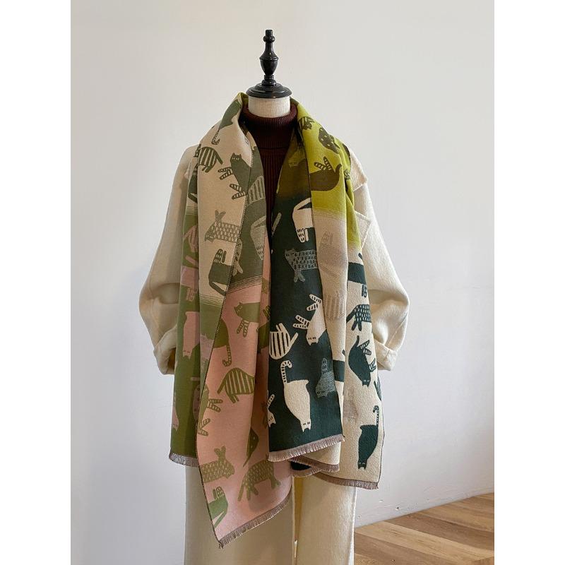 Scarf retro autumn and winter versatile color matching cartoon cat long thickened warm imitation cashmere shawl women