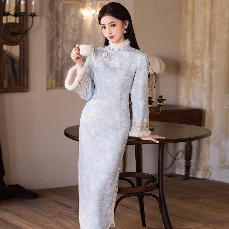 Blue velvet winter clothing national style new Chinese long-sleeved improved cheongsam winter thick young women's high-end sense retro