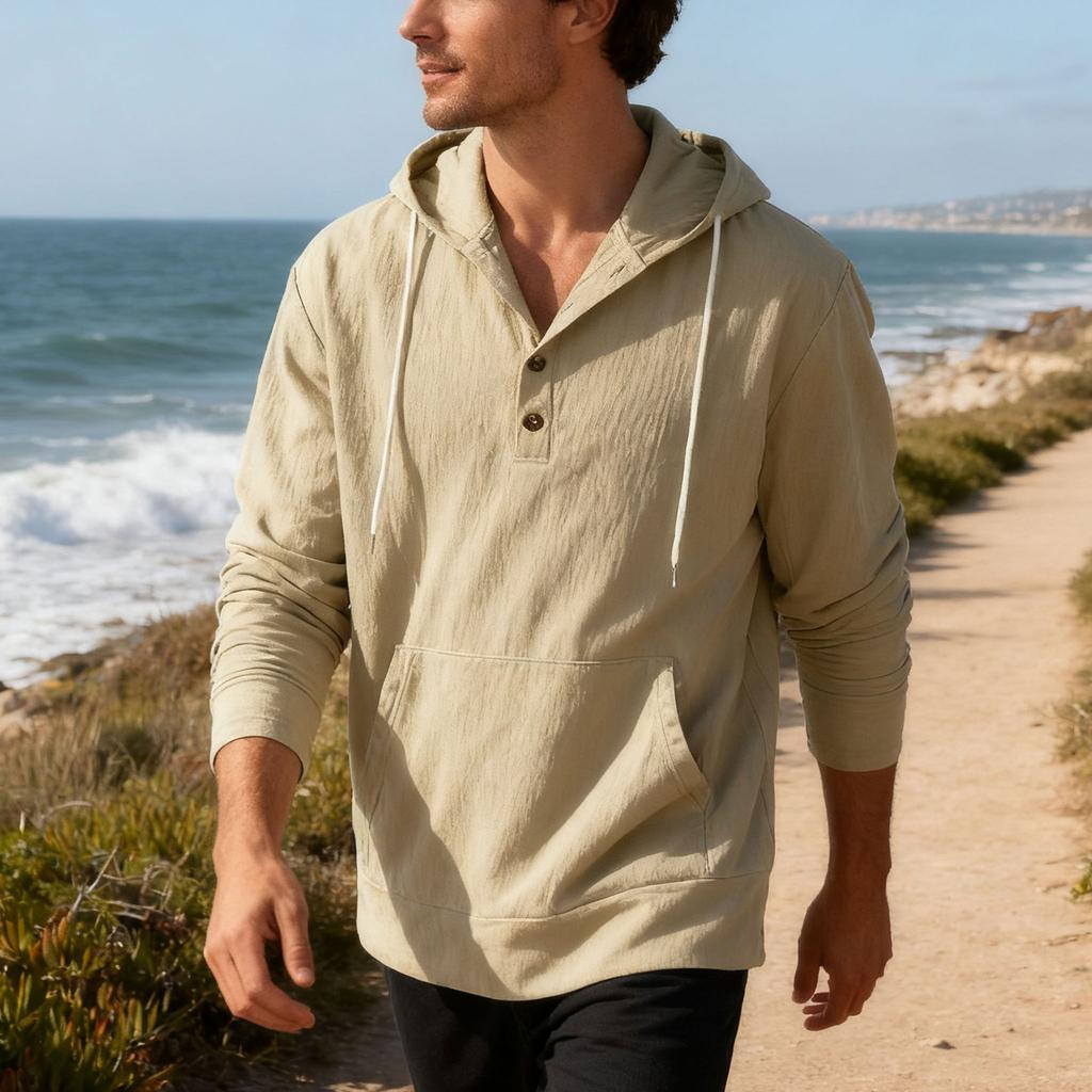 Men's Linen Hooded Long-Sleeved T-Shirt Beachwear & Leisurewear Loose Fit with Large Pockets Henley Neck Top