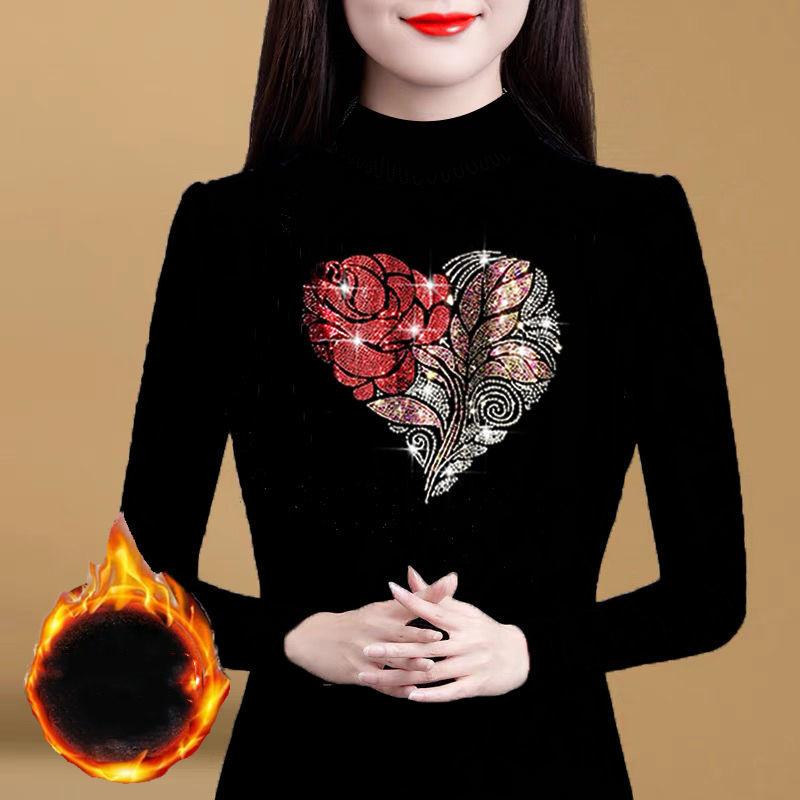 Autumn Winter Women Diamonds Fleece Black Slim T-Shirt Version Fashion Half High Neck Big Size Thicken Casual Long Sleeve Tops