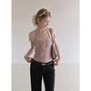 Pink fake two-piece striped lace-up V-neck short-sleeved T-shirt women's summer design sense slim and thin temperament top