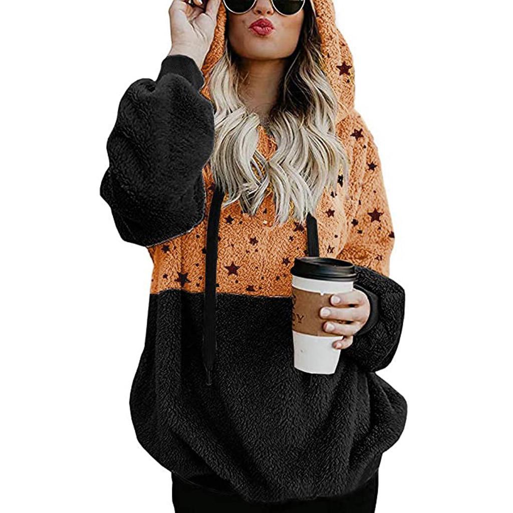 Women Plus Size Hooded Sweatshirt Star Winter Warm Zipper Pockets Coat Outwear