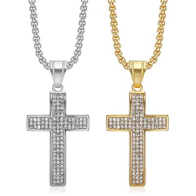 Nightclub Hip-Hop Personality Full Diamond New Cross Titanium Steel Gold-Plated Necklace Pendant for Men and Women