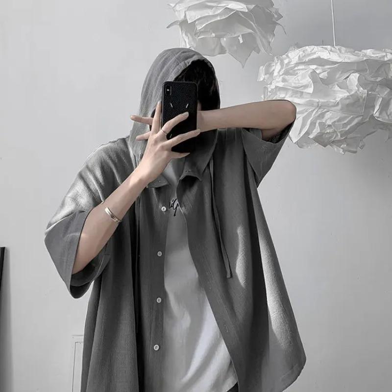 Camicia Oversize Vintage Stile Giapponese Estiva Uomo Casual Larga con Cappuccio Blusa All-Match Moda Streetwear Abbigliamento