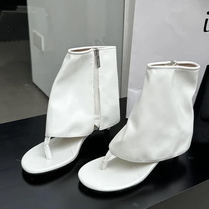 Eilyken New Design Round Clip Toe Low Heels Woman Boot Sandals Fashion Zipper Banquet Dress Shoes Flip Flops Ankle Booties