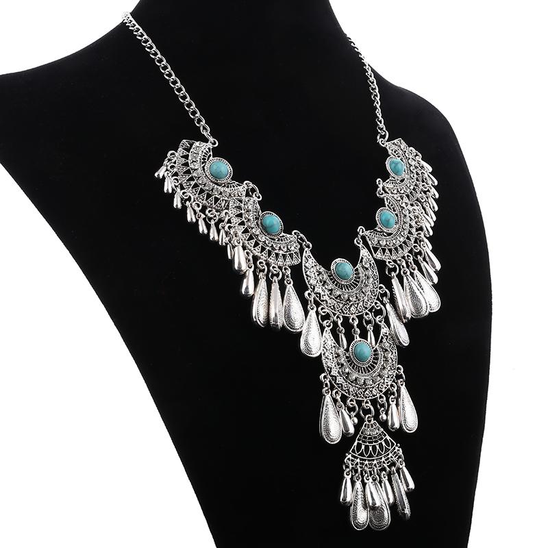 Vintage Ethnic Exaggerated Statement Necklaces Antique Silver Carved Water Drop Tassel Necklaces For Women Boho Jewelry