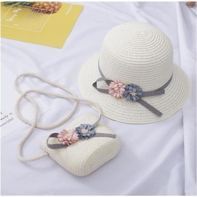 Strohhut für Kinder Sommer Mädchen Strandhut Kinder Sonnenhut Mädchen Sommer Strohhut Tasche Set Sonnenschutz Japan
