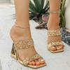 Fashion Plus Size Special Heel Sandals and Slippers Women's Square Toe Open Toe Rhinestone Clear One Strap Non-Slip Sandals