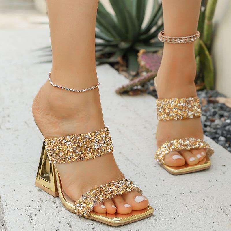 Fashion Plus Size Special Heel Sandals and Slippers Women's Square Toe Open Toe Rhinestone Clear One Strap Non-Slip Sandals