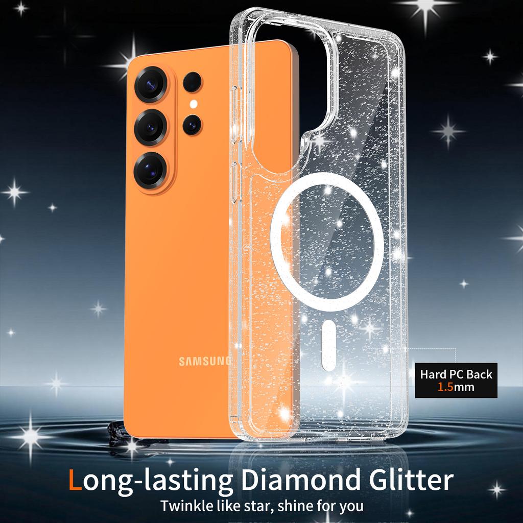 Cute Glitter Clear Case for Magsafe Mag Safe Samsung S26 Plus S25 Edge S24 Ultra S23 Transparent Anti Yellowing Shockproof Phone Cover Accessories