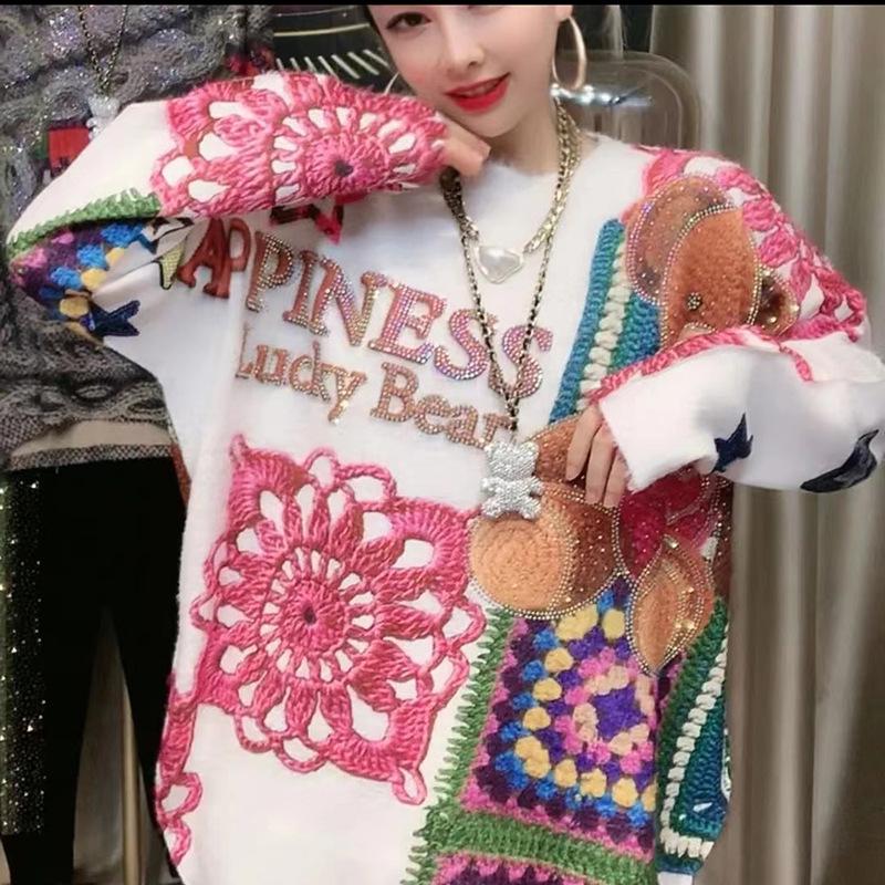 2022 Faux Mink Velvet Sweater: Women's Long Sleeve Embroidered Bear, Plus Size, Warm American Style Top.