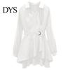 Tunic Shirt Lapel V Neck Long Sleeves Irregular Hem Plus Size Women Waist Tight Adjustable Belt Pullover Top Female Clothing