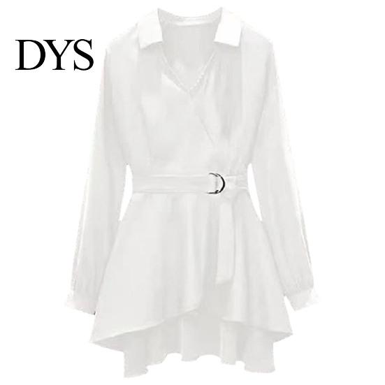 Tunic Shirt Lapel V Neck Long Sleeves Irregular Hem Plus Size Women Waist Tight Adjustable Belt Pullover Top Female Clothing